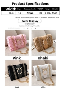 Detail showing plush crossbody square bag features and dimensions for all four colors