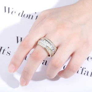 Three-row baguette cubic zirconia hip hop ring in gold and silver finish for men