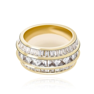 Gold plated hip hop ring for men featuring three rows of sparkling baguette crystals
