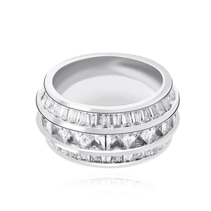 Close-up of silver hip hop ring with triple row baguette and princess cut diamonds