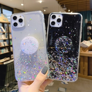 Starry glitter iPhone cases in silver and black with folding grip stands and TPU material
