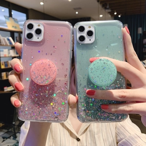 Glitter starry phone case for iPhone 13/14 Pro Max with collapsible grip in pink and green