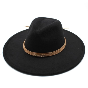 Detail of black wool fedora with brown beaded band and classic wide flat brim