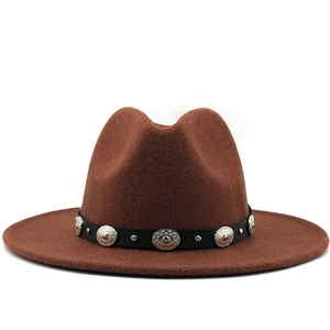 Classic brown wool jazz fedora hat with a decorative vintage metal embossed buckle band