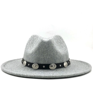 Classic light grey wool fedora hat with wide flat brim and black ribbon featuring silver studs