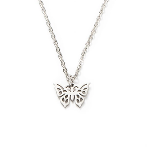 Sleek silver stainless steel necklace featuring a hollow laser-cut butterfly pendant