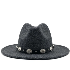 Vintage Cashmere Wide Brim Fedora Hat For Women Men Classic Jazz Hat With Decorative Rivet Band Western Style Fedora Hat