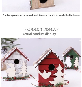 Detail of wooden Christmas house set showing removable back panels and winter silhouettes