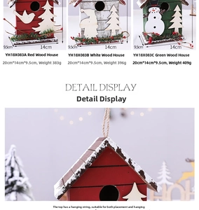 Detail view of colorful Christmas wooden house ornaments with snowmen and hanging ropes