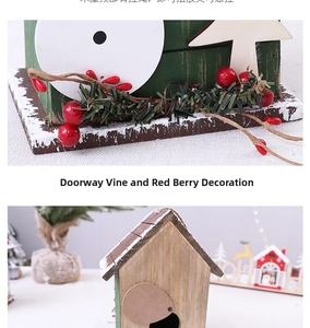Detailed view of green wooden Christmas cabin ornament with pine needles and red berries