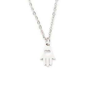 Polished stainless steel Hamsa hand pendant necklace with laser-cut heart on O-chain