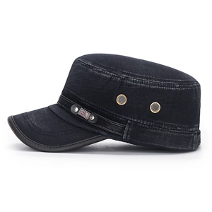 Vintage washed black cotton cadet cap with leather trim and metal side ventilation holes