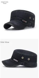Detail view of washed cotton cadet cap with leather strap and metal air vents