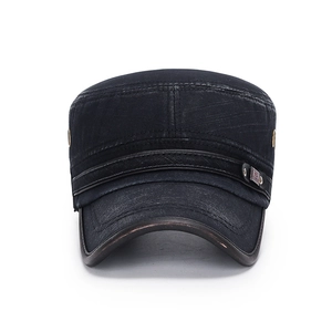 Washed black canvas flat top military hat with vintage texture and leather trim