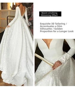 Détail d'une robe de mariée blanche avec col en V profond et tissu jacquard floral délicat