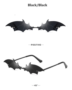 Front and side view of black bat wing sunglasses with a rimless gothic design