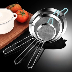 Three sizes of stainless steel fine mesh strainers with blue hooks and long handles