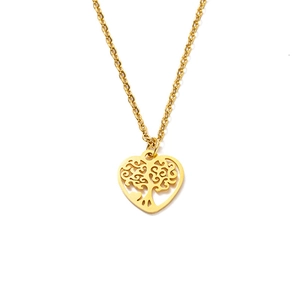 Gold stainless steel necklace with laser-cut heart shape and tree of life pendant