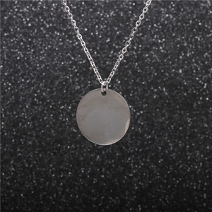Polished silver titanium steel necklace with circular MOM pendant on a textured dark background