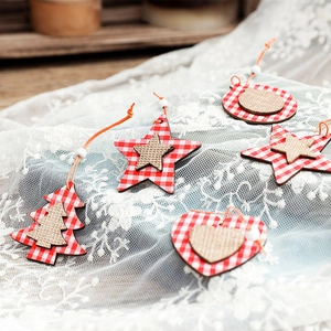Rustic wood and plaid Christmas tree ornaments with hearts, stars and snowflakes