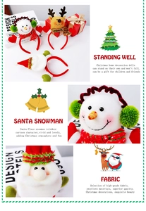 Detail view of high-grade fabric reindeer and snowman Christmas headbands with bells