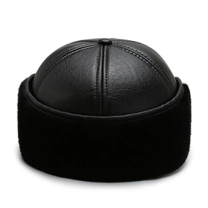 Men's winter leather baseball cap with faux fur ear flaps for seniors in black