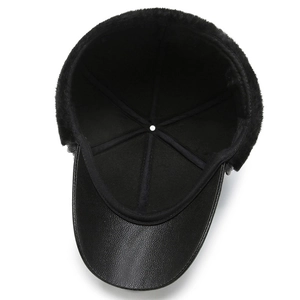 Winter baseball cap for men with warm ear flaps and thick faux fur lining in black leather