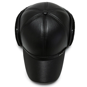 Winter men's black leather baseball cap with warm ear flaps and faux fur lining