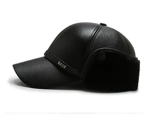 Side view detail of men's winter leather cap featuring earflaps and soft faux fur lining