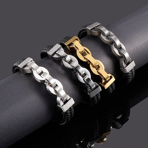 Bracelets pour hommes en acier titane et cuir tressé en quatre tons métalliques