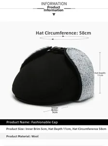 Winter men's cap size guide with 58cm circumference and fold-down ear warmers