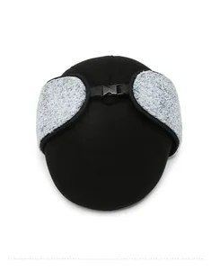 Top view of black winter earflap hat with gray faux fur lining and plastic buckle