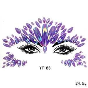 Detailed view of YT-83 purple iridescent resin face jewels in crown layout for makeup