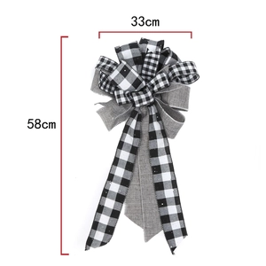 Christmas tree topper bow with black and white plaid ribbon, 33cm wide and 58cm long