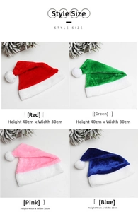 Detail view of plush Christmas hats in red green pink and blue measuring 40x30cm