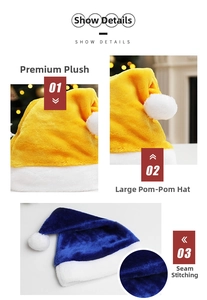 Detail of plush Christmas hats in blue and yellow with soft fur texture and pom pom