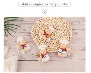 Macro view of 4 cute resin chef figurines holding food on a rustic wooden table background