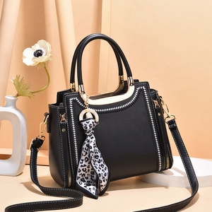 Women Shoulder Bag Large Capacity PU Leather Handbag With Leopard Satin Scarf Contrast Stitching Gold Hardware Zipper