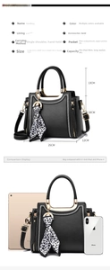 Detailed size chart for black handbag featuring white stitching and silk scarf accessory