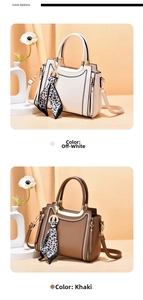 Detail of beige and khaki tote bags with hand-woven stitching and leopard scarf ornament
