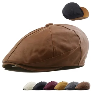 Vintage PU leather newsboy cap with warm quilted lining shown in various colors