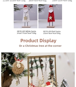 Detail view of felt Christmas Santa Claus figurines with wooden bases and star ornaments