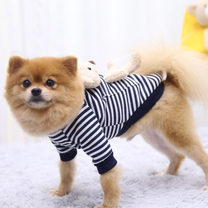 Close-up of navy blue striped cotton pet sweatshirt with a cute 3D bear on the back