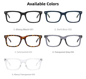 Fünf quadratische Brillengestelle in Schwarz, Tortoise und Transparent in der Übersicht