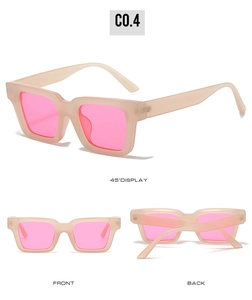 Detailed views of matte pink square sunglasses showing front back and side profiles