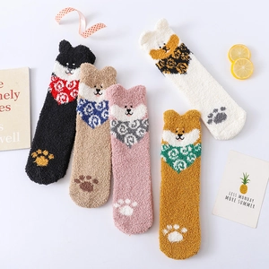 Thick coral fleece thermal socks featuring cute puppy cartoon designs in 5 assorted colors