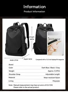 Detailed size guide for the black Oxford backpack showing dimensions and capacity