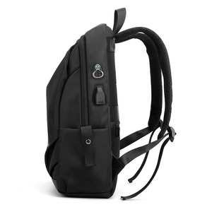 Black Oxford cloth computer backpack with integrated USB charging port and headphone jack