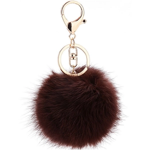 Detail of dark brown faux rabbit fur keychain with a polished gold lobster clasp