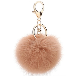 Detail of light brown faux rabbit fur keychain with polished gold lobster clasp and ring